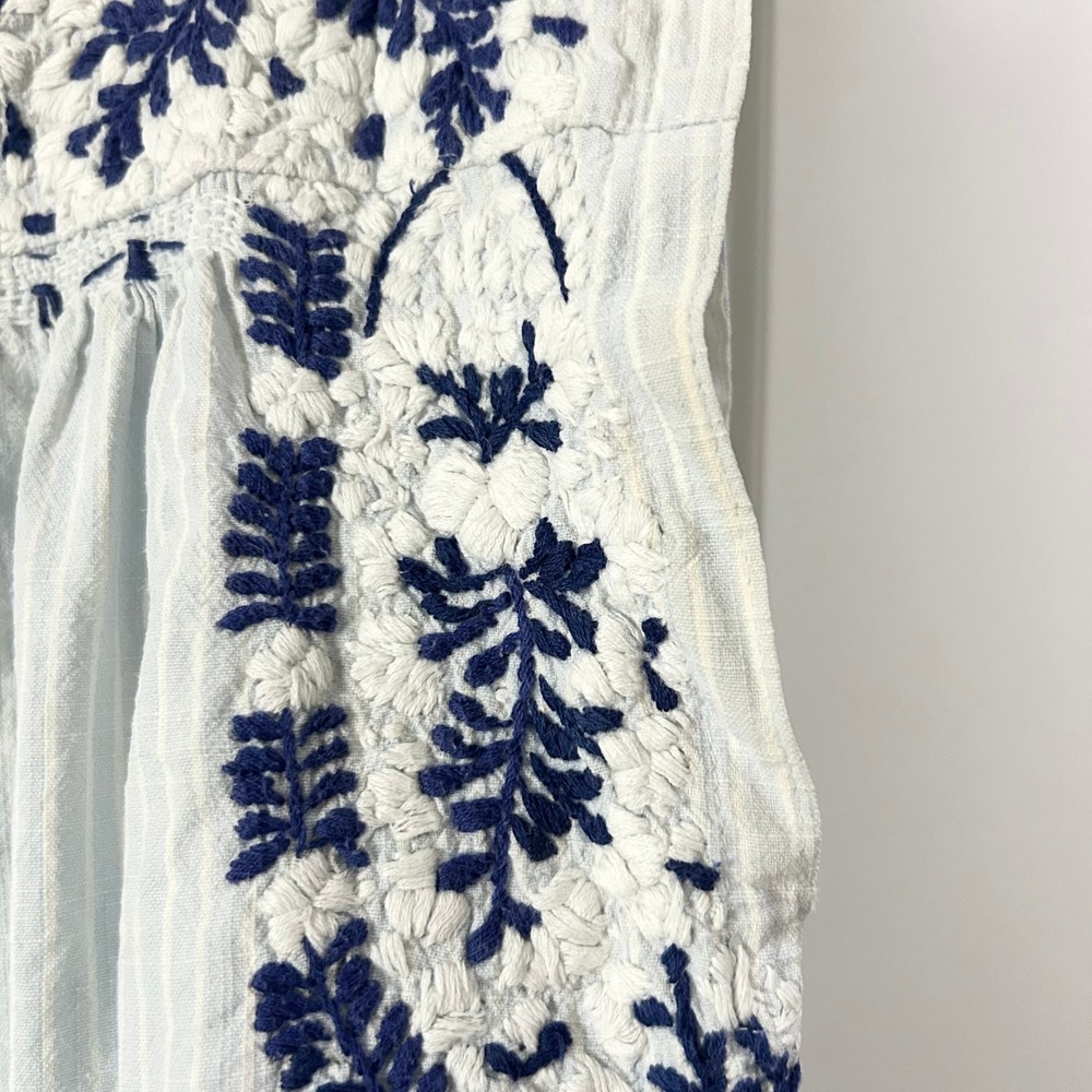 Mi Golondrina Hand Embroidered Tunic Dress Blue White Striped Size Large - Picture 6 of 10